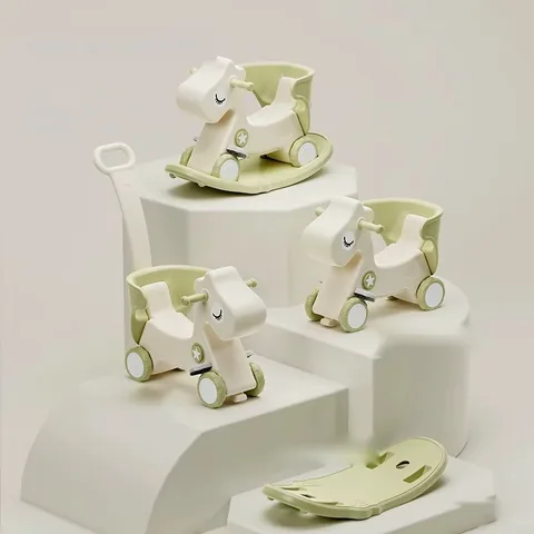 Caballito verde en cuatro formas: mecedor, carrito, carrito con manija y la base sola