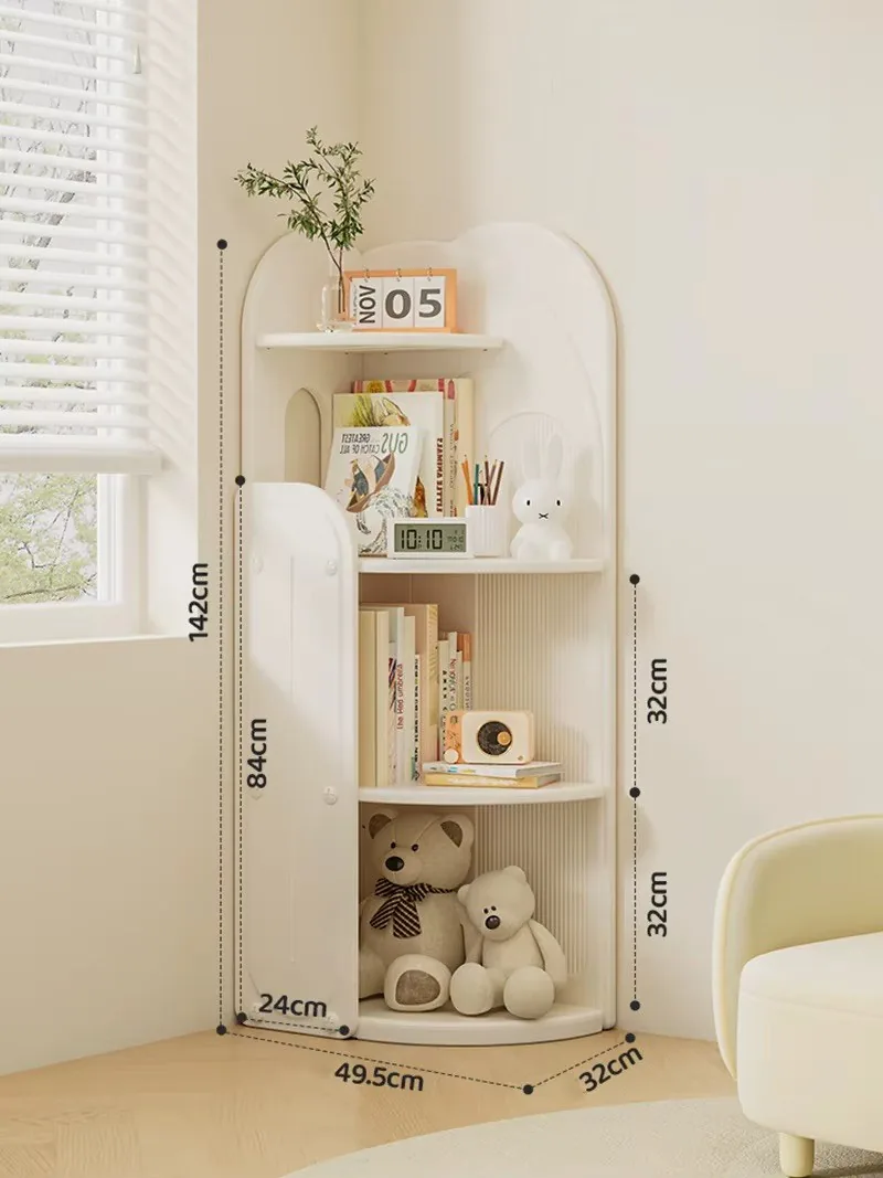 Estante esquinero con sus medidas marcadas: 142 cm de alto, lados de 49.5 cm y 32 cm, niveles de 32 cm y panel lateral de 84 cm por 24 cm