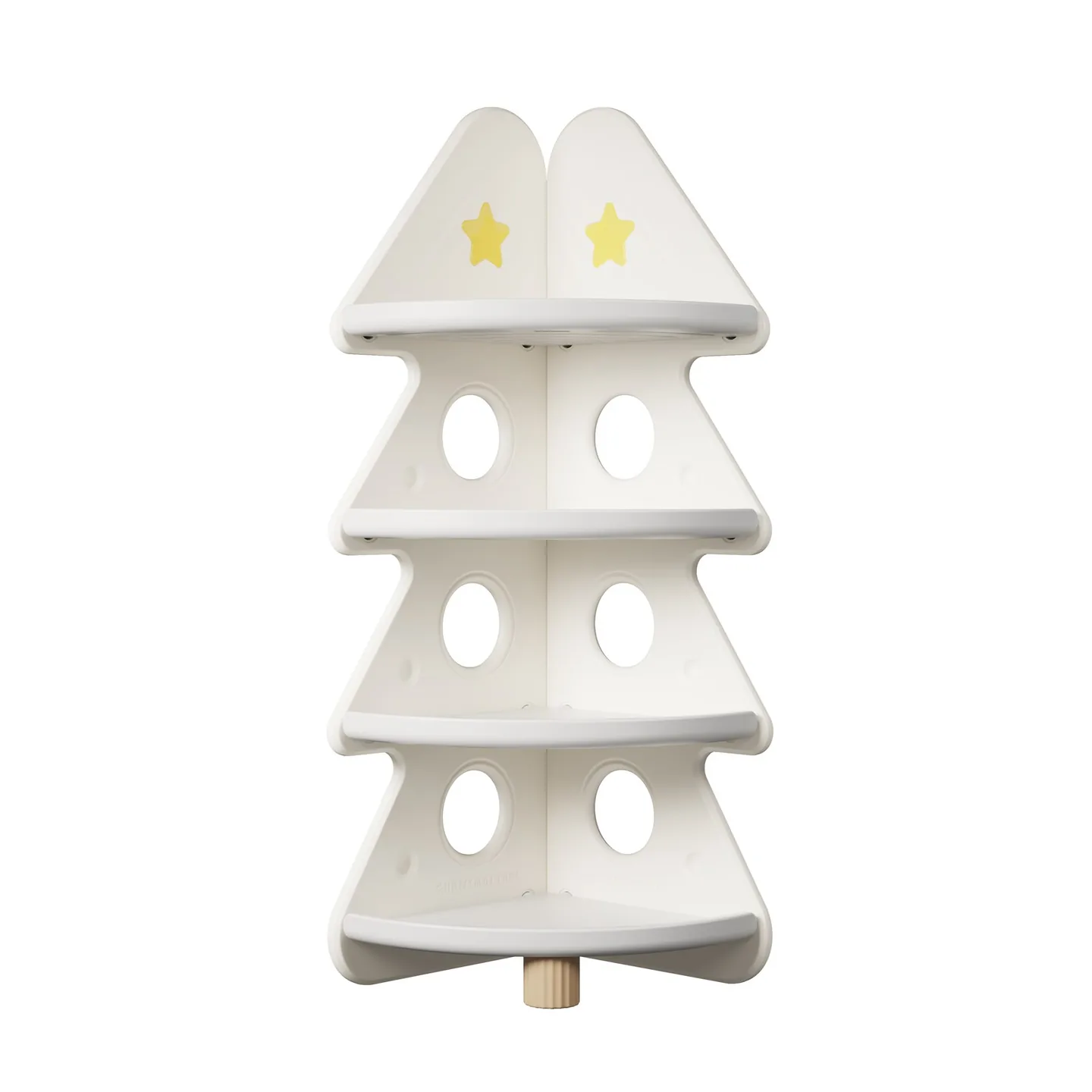 Estante esquinero en forma de pino, blanco crema, con dos estrellas amarillas en la punta, ventanitas ovaladas y patita color madera