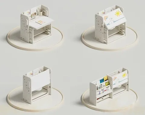 Los cuatro modos del mueble: escritorio para estudiar, tablero levantado para dibujar, cerrado para guardar y ampliado con un librero al frente