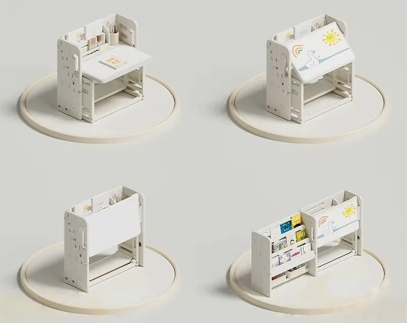 Los cuatro modos del mueble: escritorio para estudiar, tablero levantado para dibujar, cerrado para guardar y ampliado con un librero al frente
