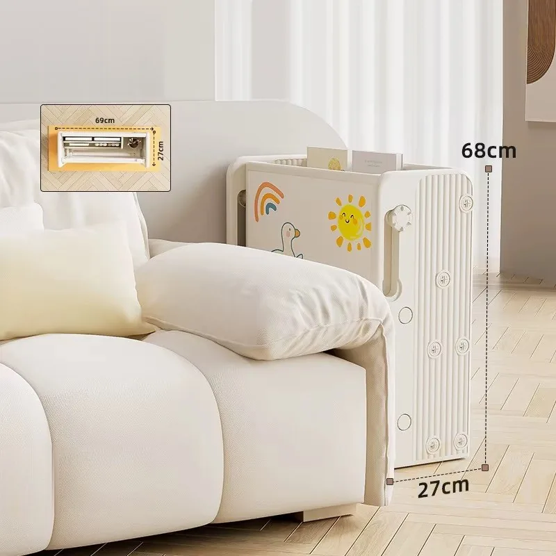 El mueble cerrado junto a un sillón, con sus medidas: 68 cm de alto y 27 cm de fondo, y un recuadro con la vista desde arriba
