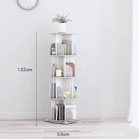 El librero giratorio con sus medidas marcadas: 132 cm de alto y 53 cm de base