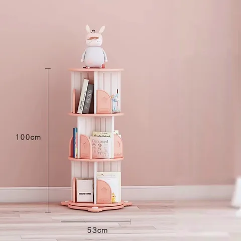 El librero giratorio rosado con sus medidas marcadas: 100 cm de alto y 53 cm de base