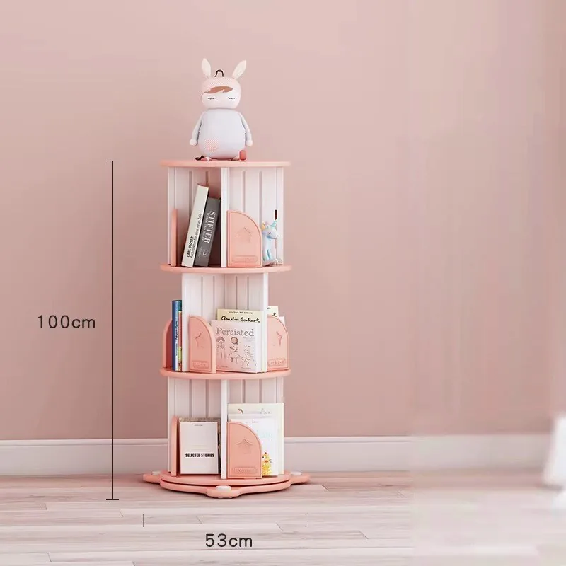 El librero giratorio rosado con sus medidas marcadas: 100 cm de alto y 53 cm de base