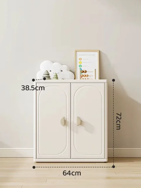 Mueble bajo de dos puertas blanco crema con el ancho, el alto y el fondo marcados